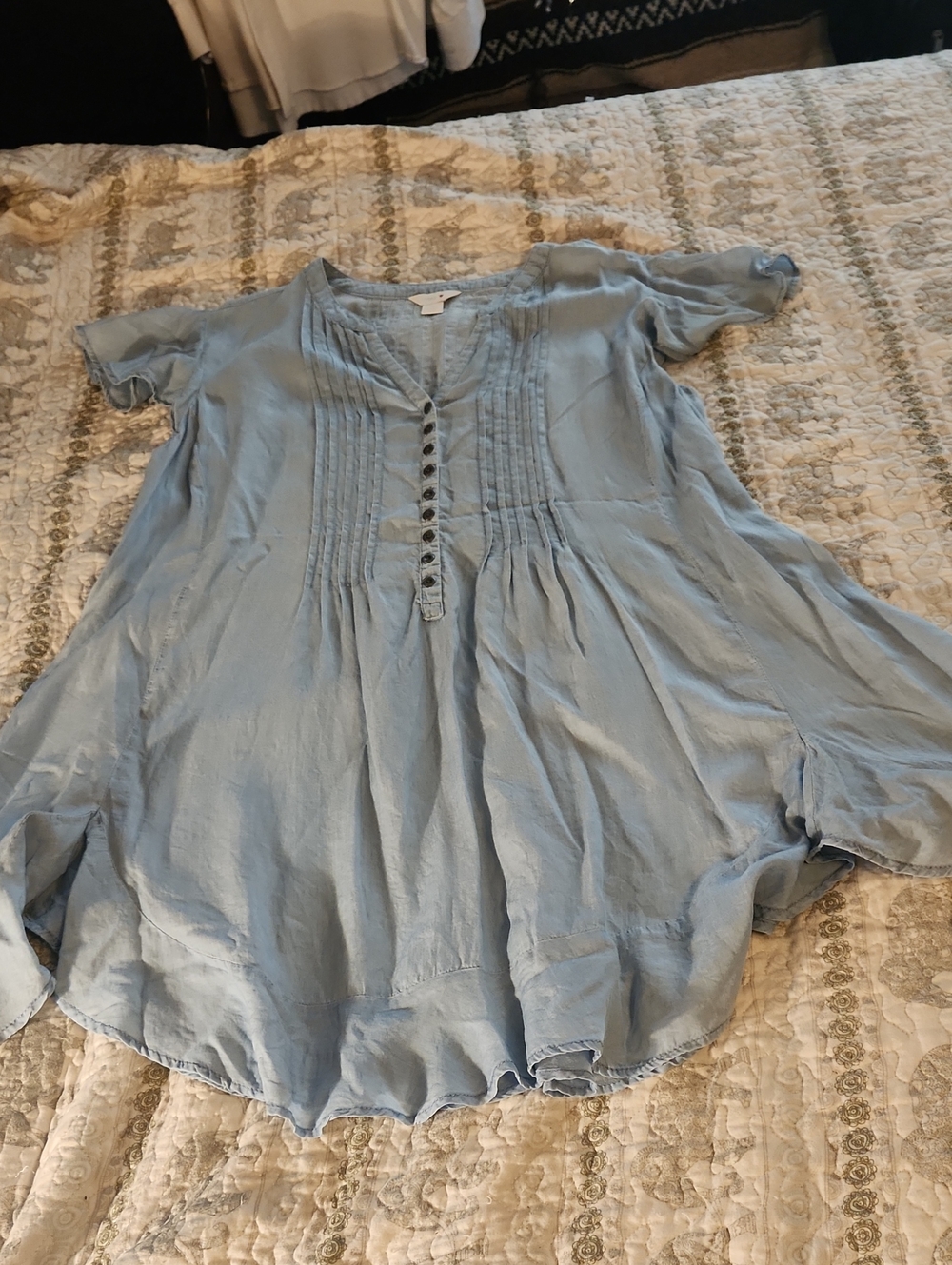 Intro Light Blue Pintuck Button Front Tunic
